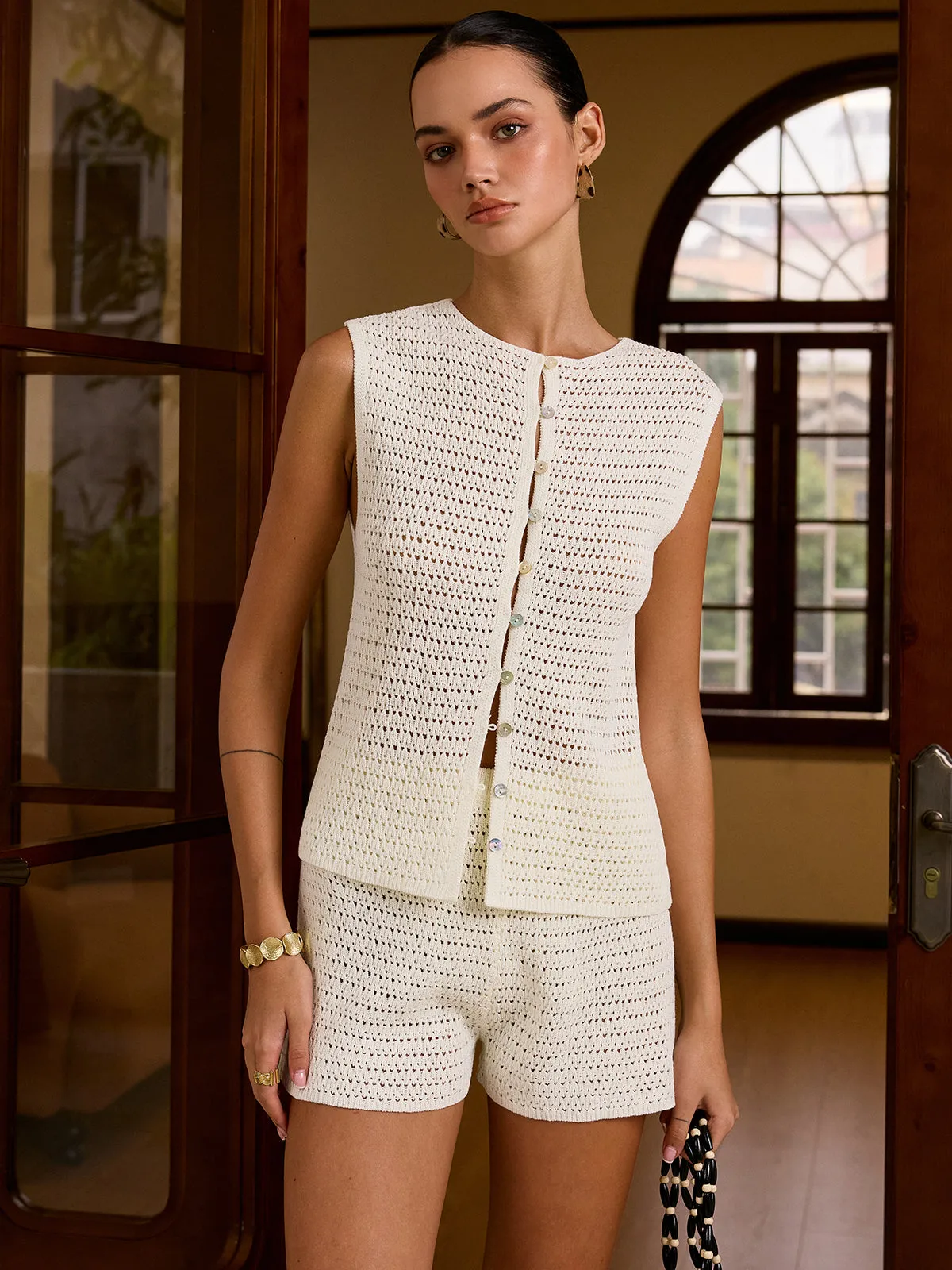Semi-Sheer Crochet Knit Button-Front Vest sold by COMMENSE product image thumbnail 4