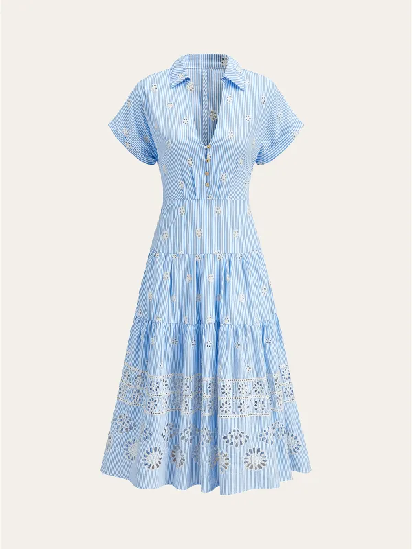 Short-Sleeve Embroidered Floral Striped Dress sold by COMMENSE