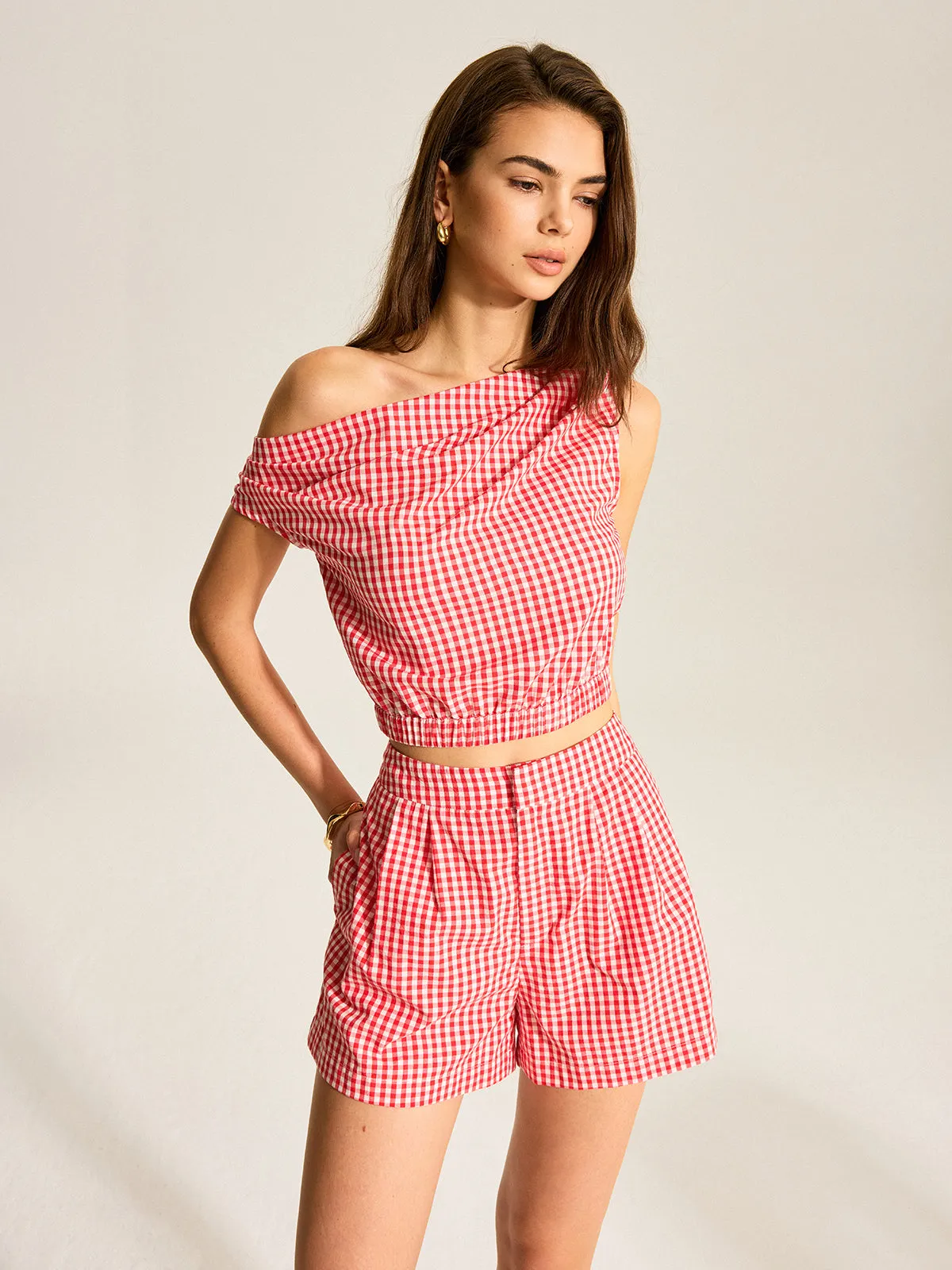 Gingham One-Shoulder Top and Shorts Set sold by COMMENSE product image thumbnail 2