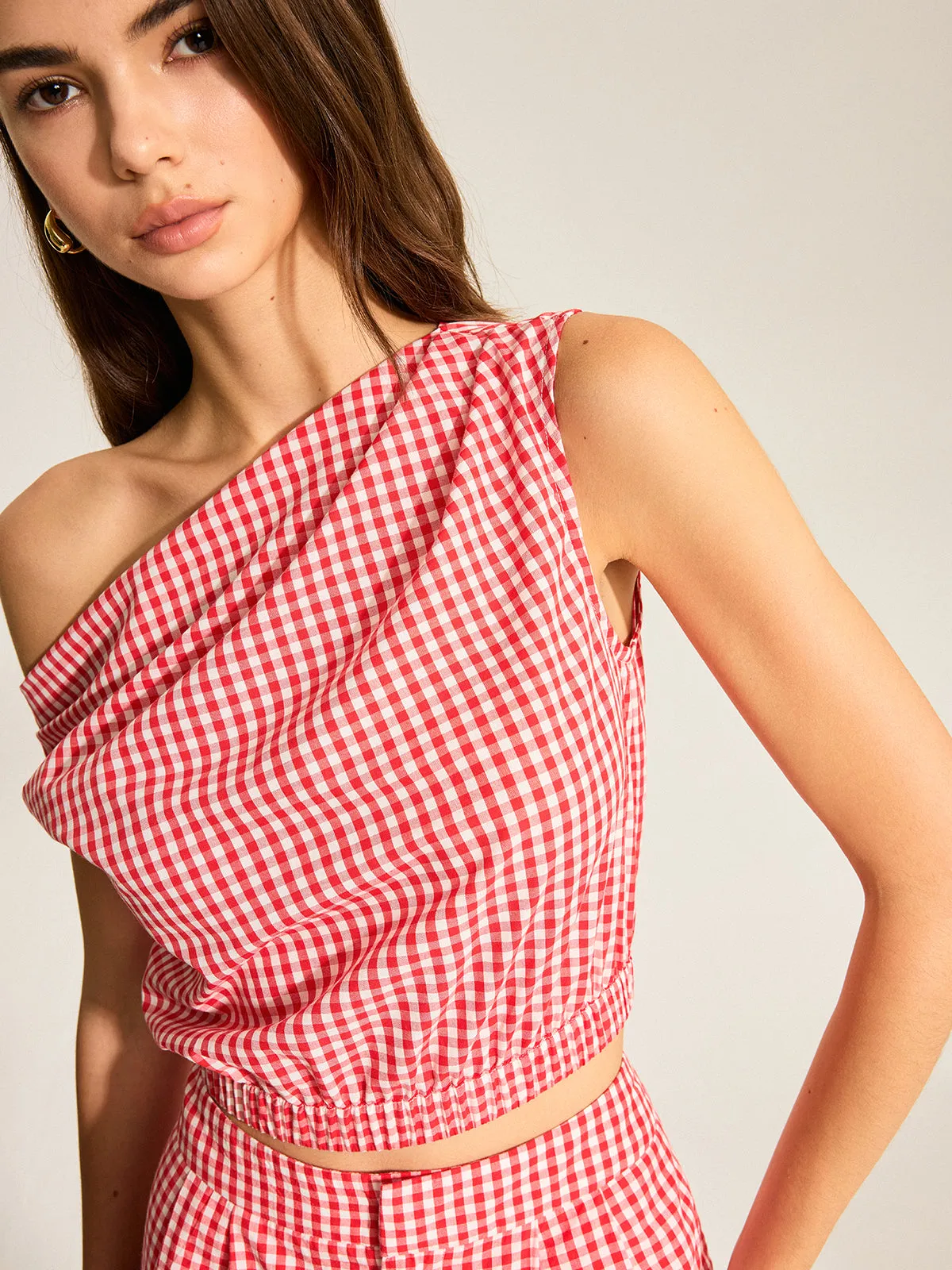 Gingham One-Shoulder Top and Shorts Set sold by COMMENSE product image thumbnail 3