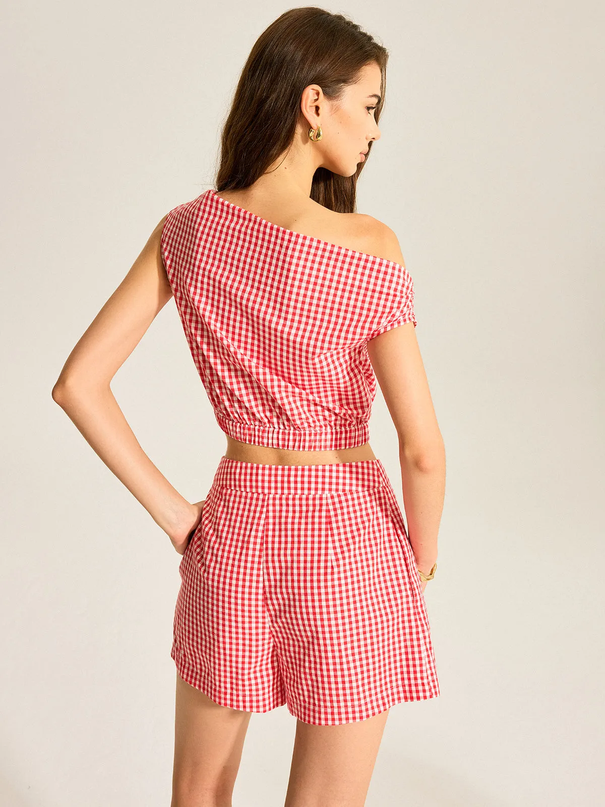 Gingham One-Shoulder Top and Shorts Set sold by COMMENSE product image thumbnail 5