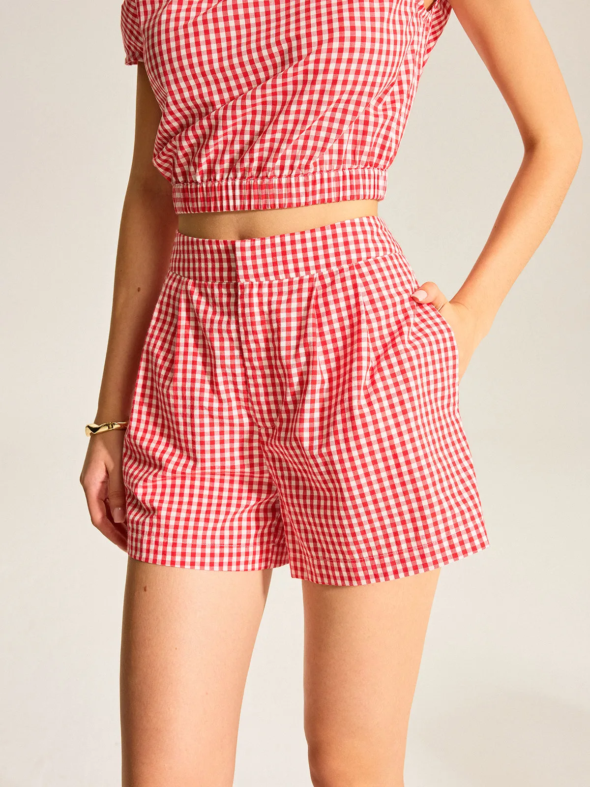 Gingham One-Shoulder Top and Shorts Set sold by COMMENSE product image thumbnail 4
