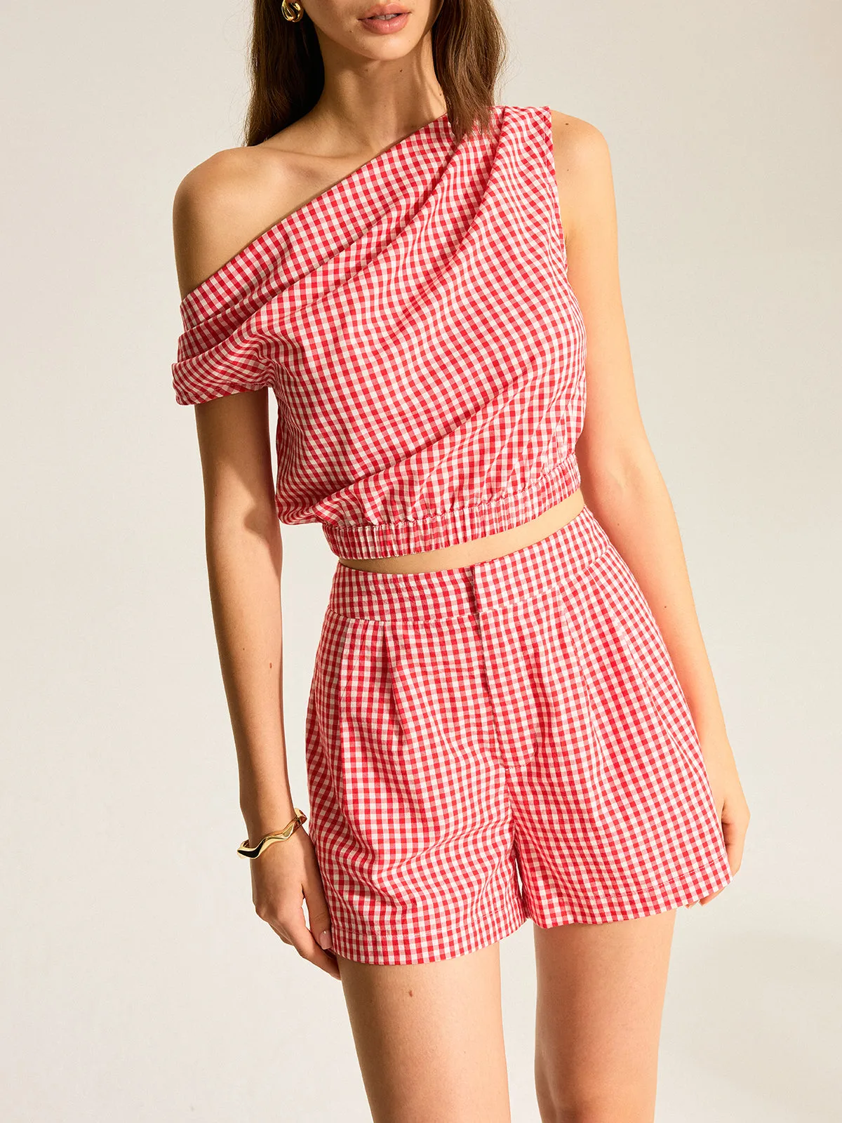 Gingham One-Shoulder Top and Shorts Set sold by COMMENSE