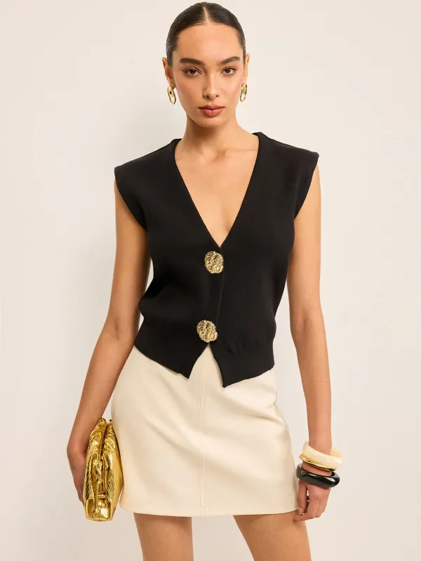 Metal Button V-Neck Knit Vest made by COMMENSE