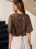 Ruffle V-Neck Puff Sleeve Tencel Blouse sold by COMMENSE