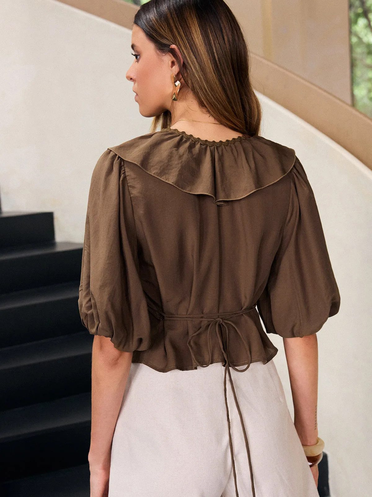 Ruffle V-Neck Puff Sleeve Tencel Blouse sold by COMMENSE product image thumbnail 2