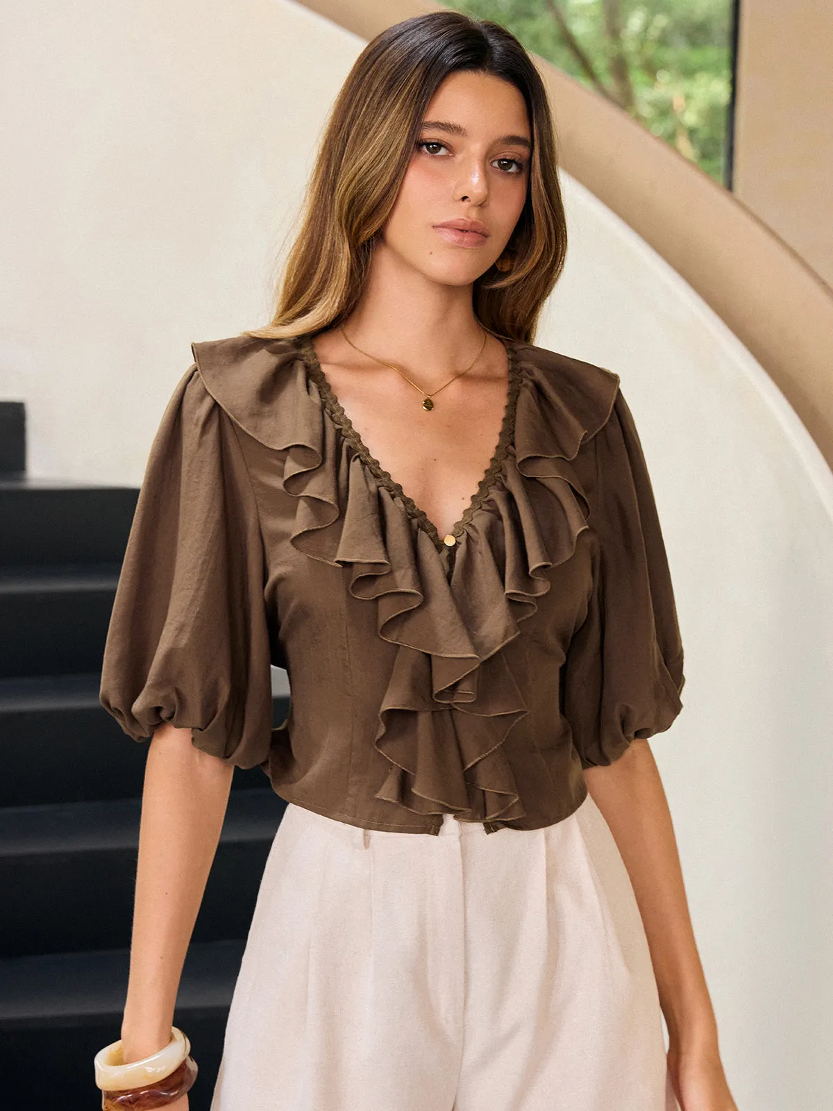 Ruffle V-Neck Puff Sleeve Tencel Blouse sold by COMMENSE product image thumbnail 5