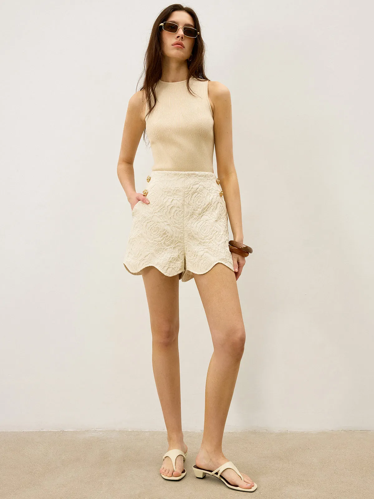 Wool-Blend Textured Jacquard Shorts with Metal Decor sold by COMMENSE product image thumbnail 3