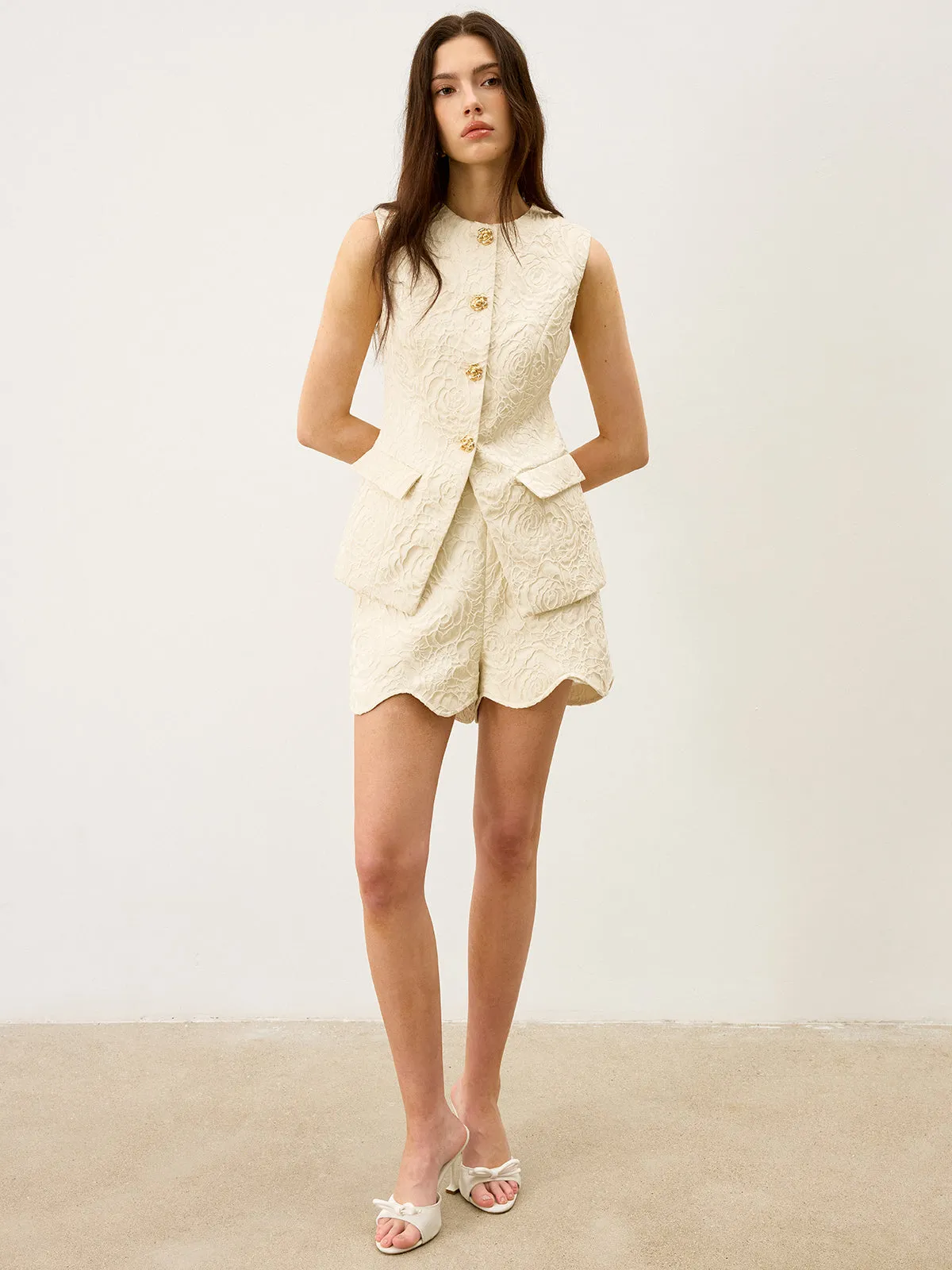 Wool-Blend Textured Jacquard Shorts with Metal Decor sold by COMMENSE product image thumbnail 4
