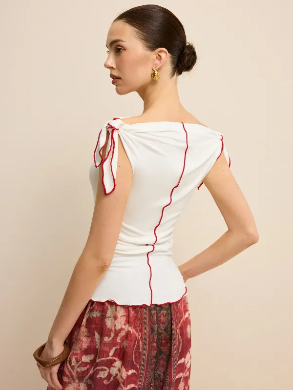 Off-Shoulder Contrast Trim Knotted Top sold by COMMENSE