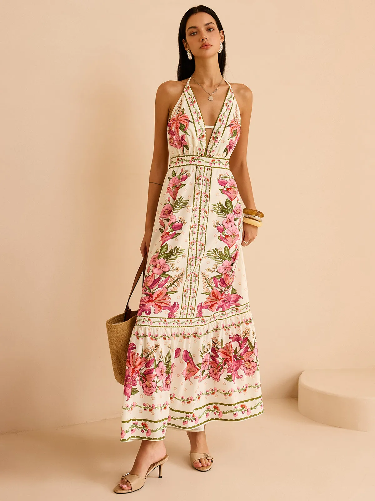 Floral Print Halter Backless Maxi Dress sold by COMMENSE