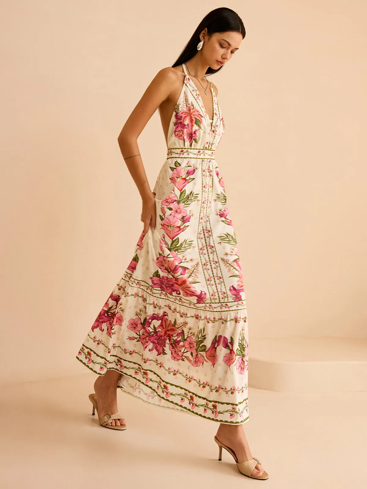 Floral Print Halter Backless Maxi Dress sold by COMMENSE product image thumbnail 3