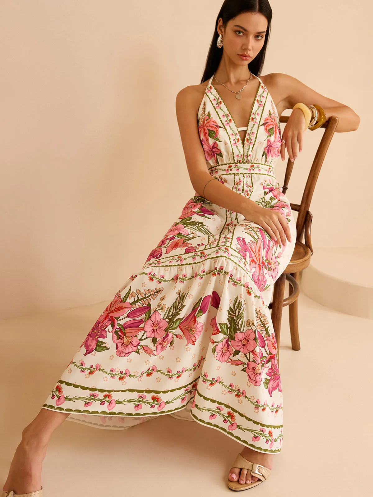 Floral Print Halter Backless Maxi Dress sold by COMMENSE product image thumbnail 5