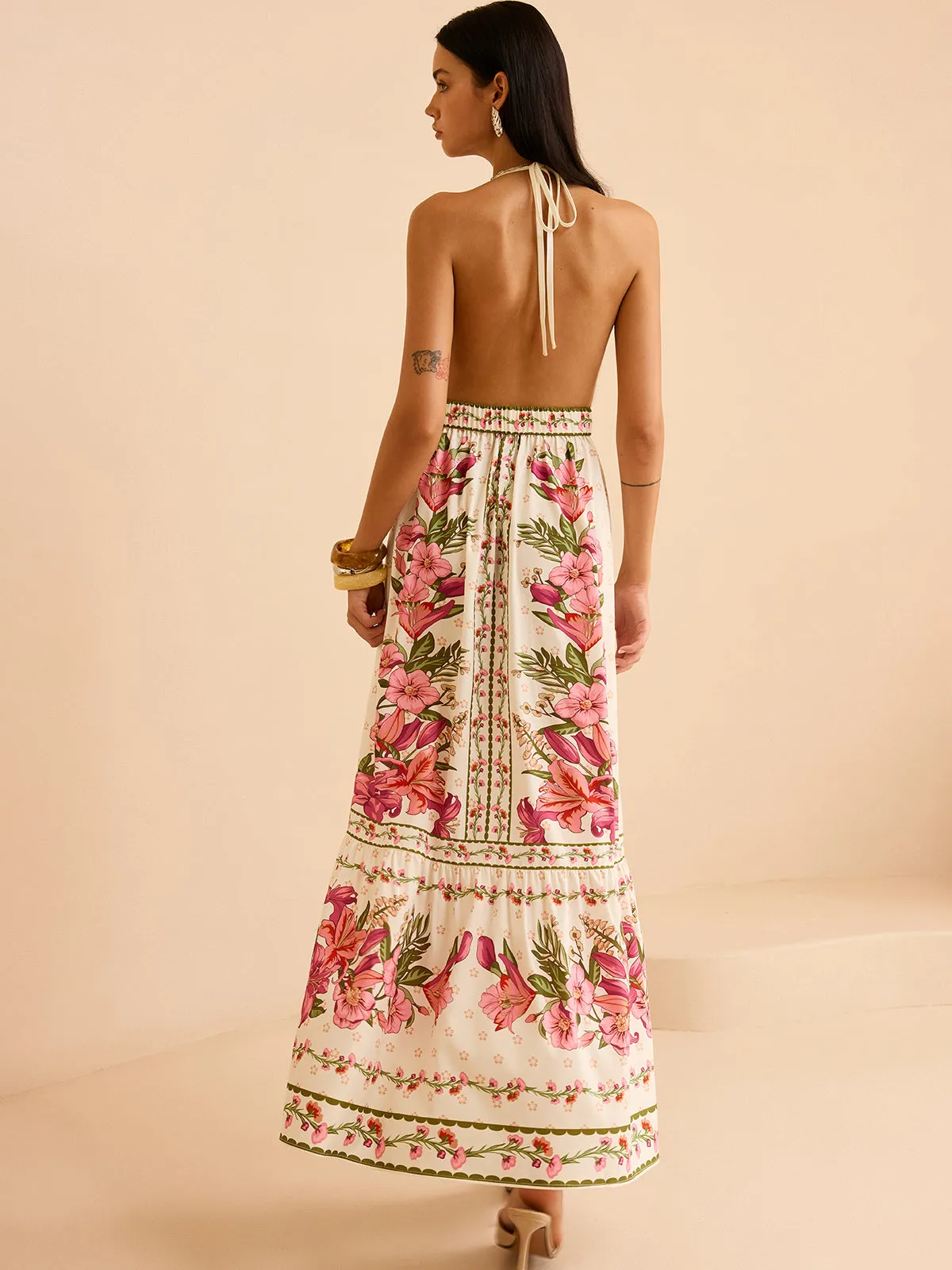 Floral Print Halter Backless Maxi Dress sold by COMMENSE product image thumbnail 2