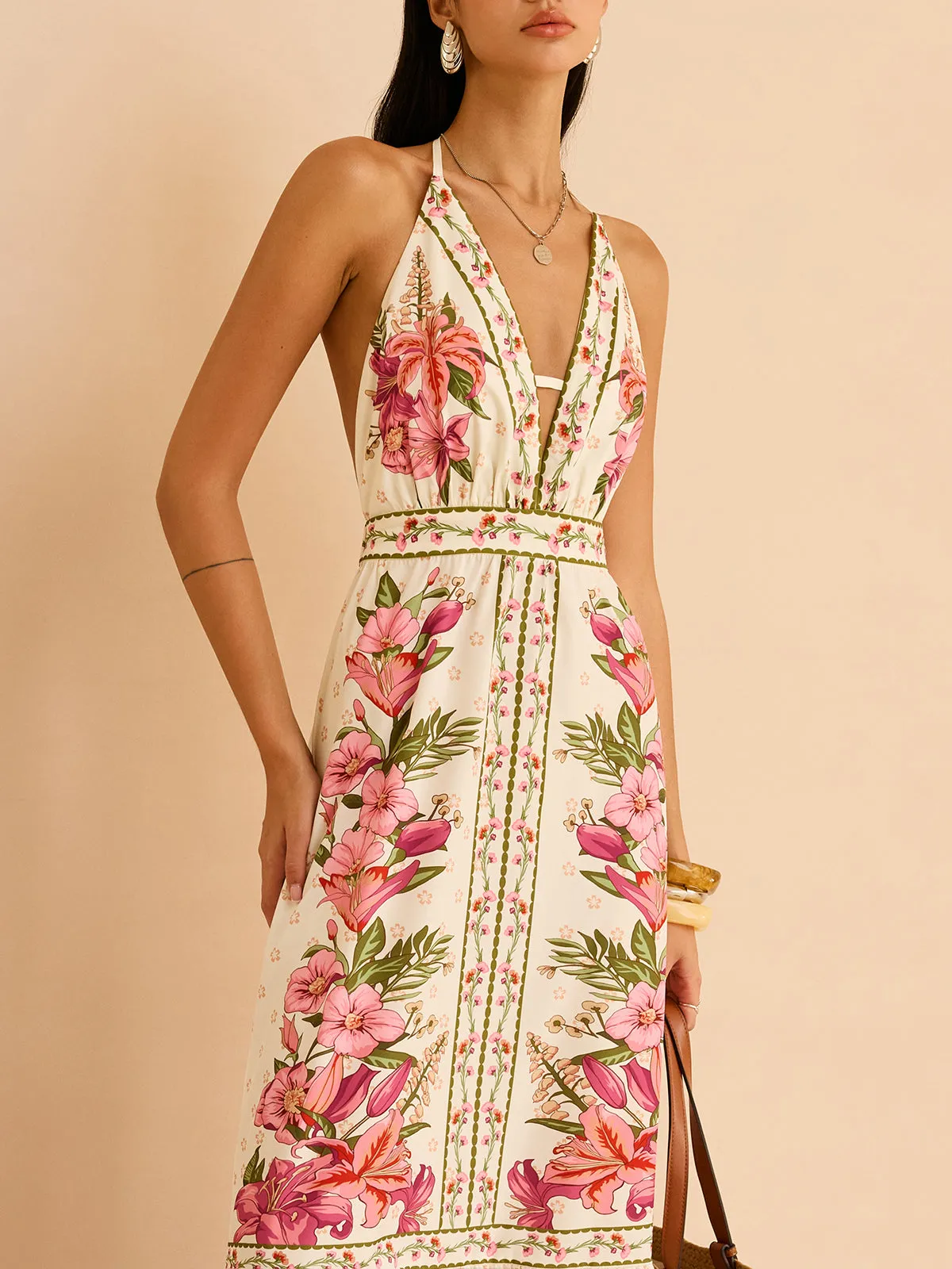 Floral Print Halter Backless Maxi Dress sold by COMMENSE product image thumbnail 4