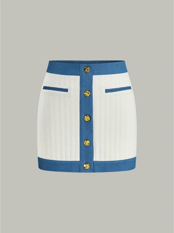 Denim-Trimmed Knit Mini Skirt with Metal Button sold by COMMENSE