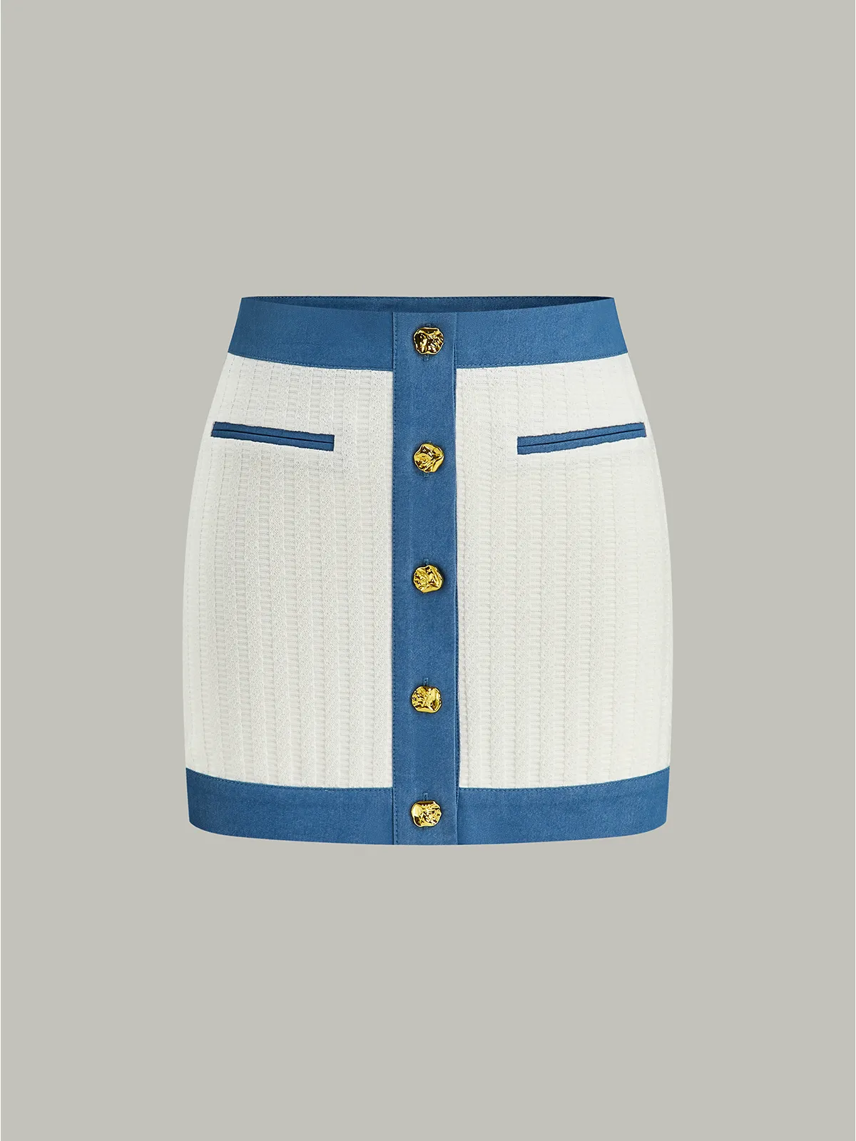 Denim-Trimmed Knit Mini Skirt with Metal Button sold by COMMENSE