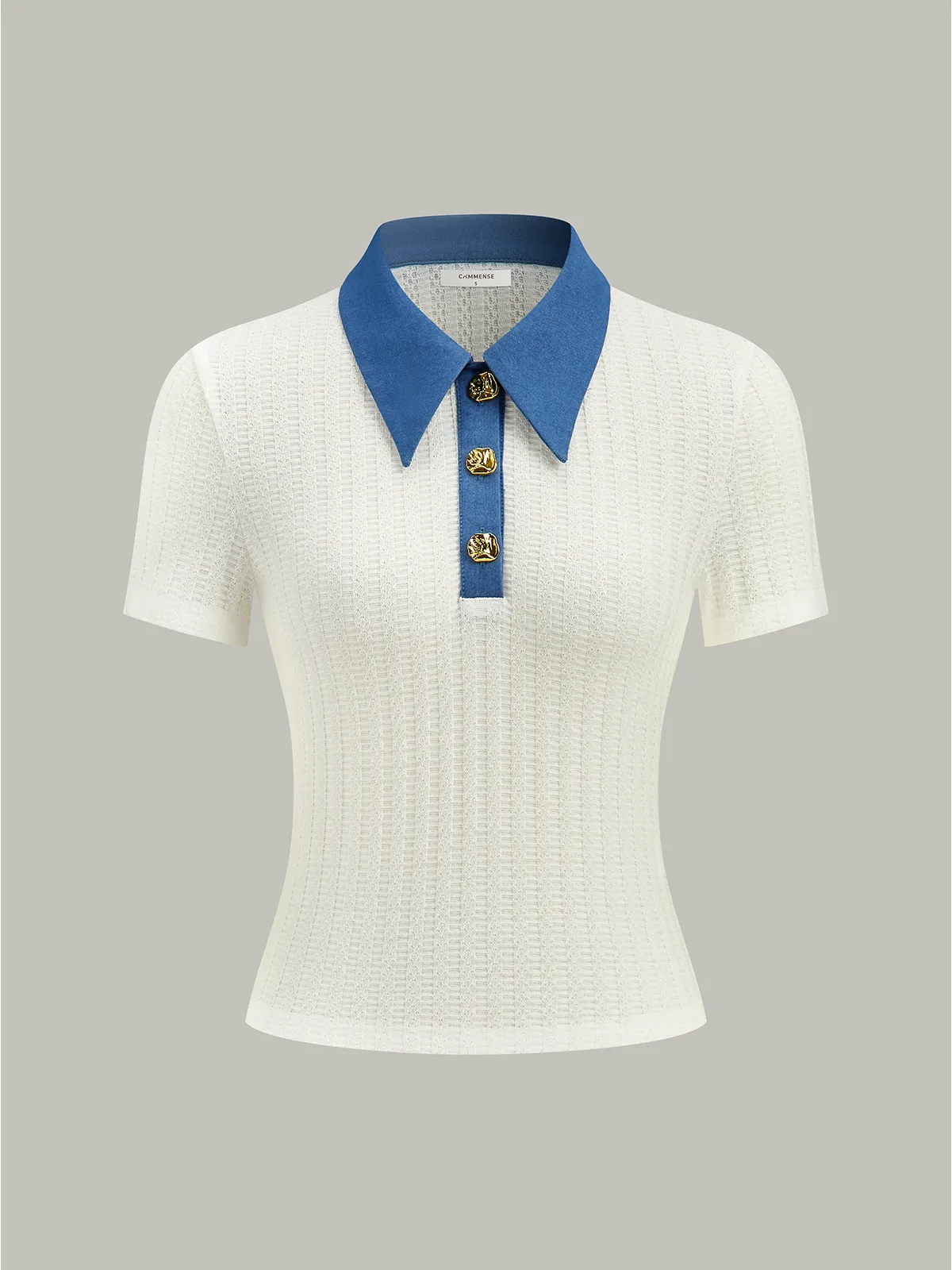 Denim-Collar Knit Polo Top with Metal Button sold by COMMENSE product image thumbnail 3