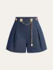 Faux Denim Shorts with Metal Chain Belt sold by COMMENSE