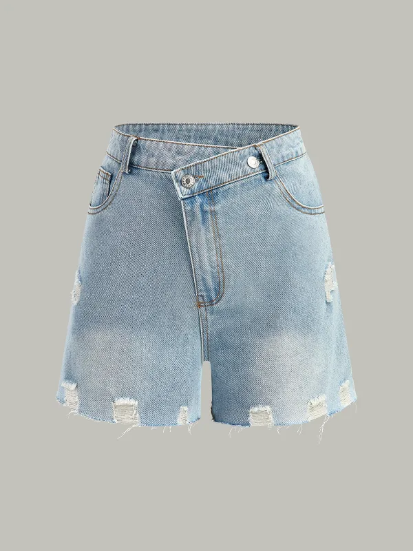 Asymmetric Waist Distressed Denim Shorts sold by COMMENSE