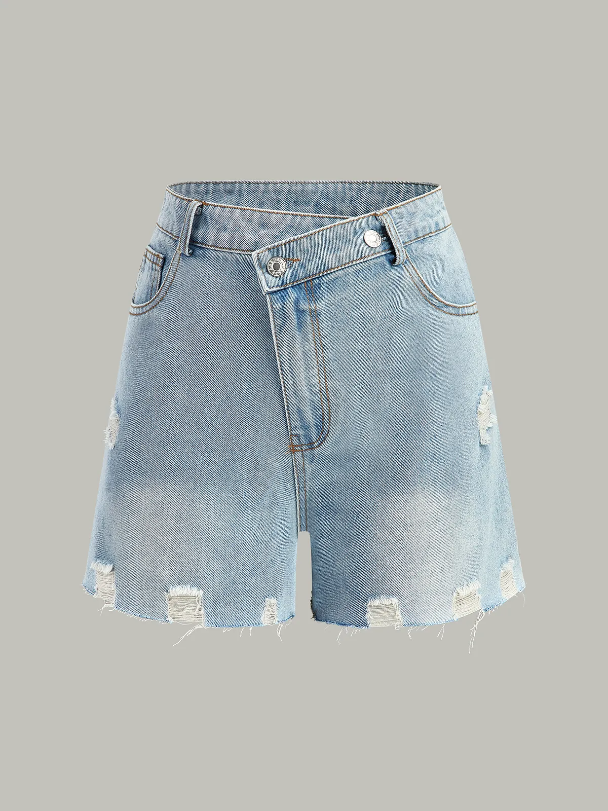 Asymmetric Waist Distressed Denim Shorts sold by COMMENSE