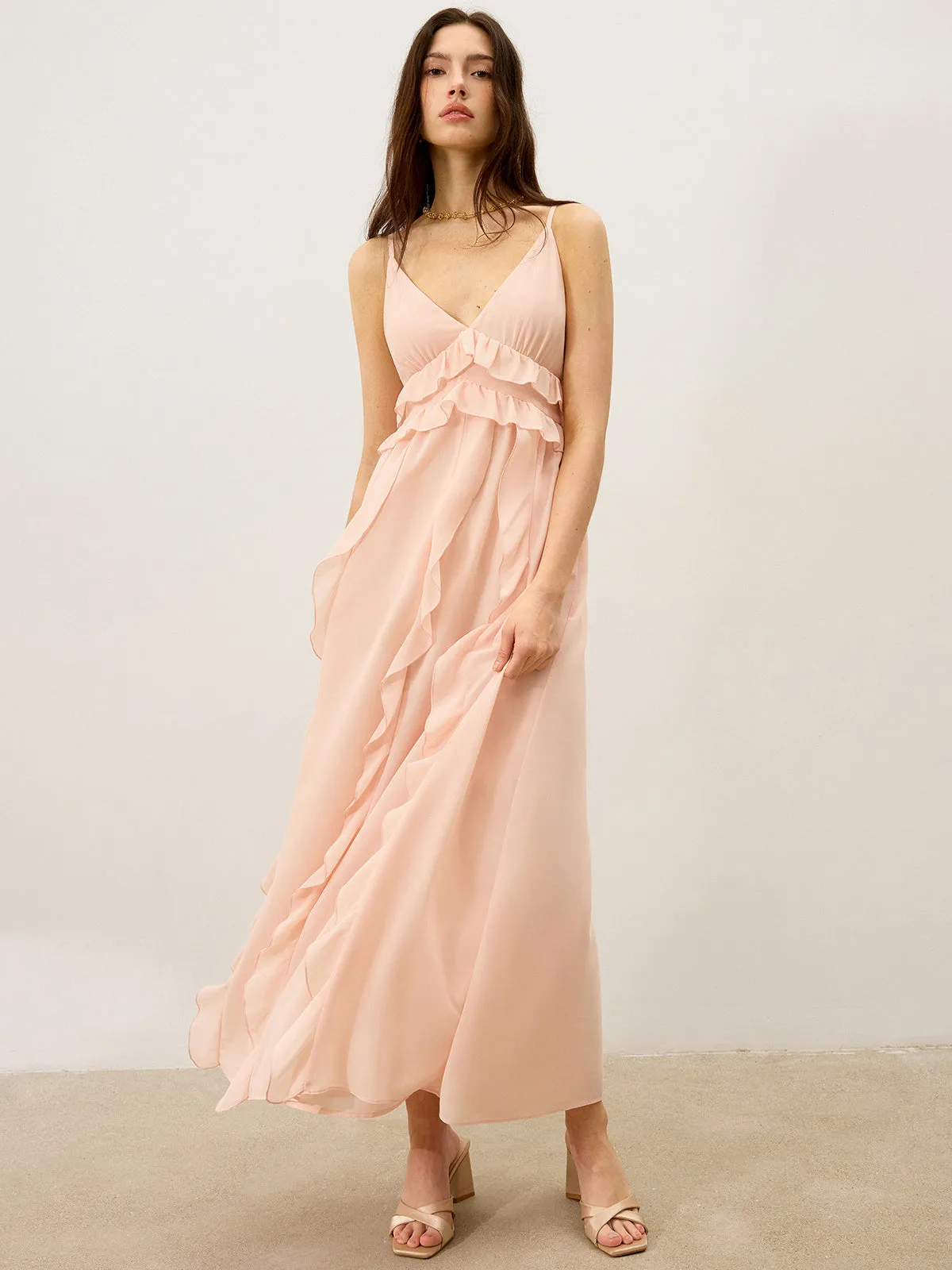 Semi-Sheer Chiffon Ruffle Trim Maxi Dress sold by COMMENSE product image thumbnail 2