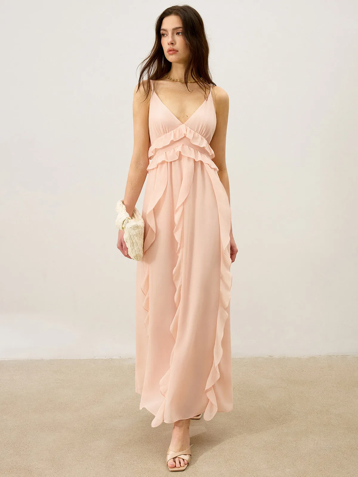 Semi-Sheer Chiffon Ruffle Trim Maxi Dress sold by COMMENSE