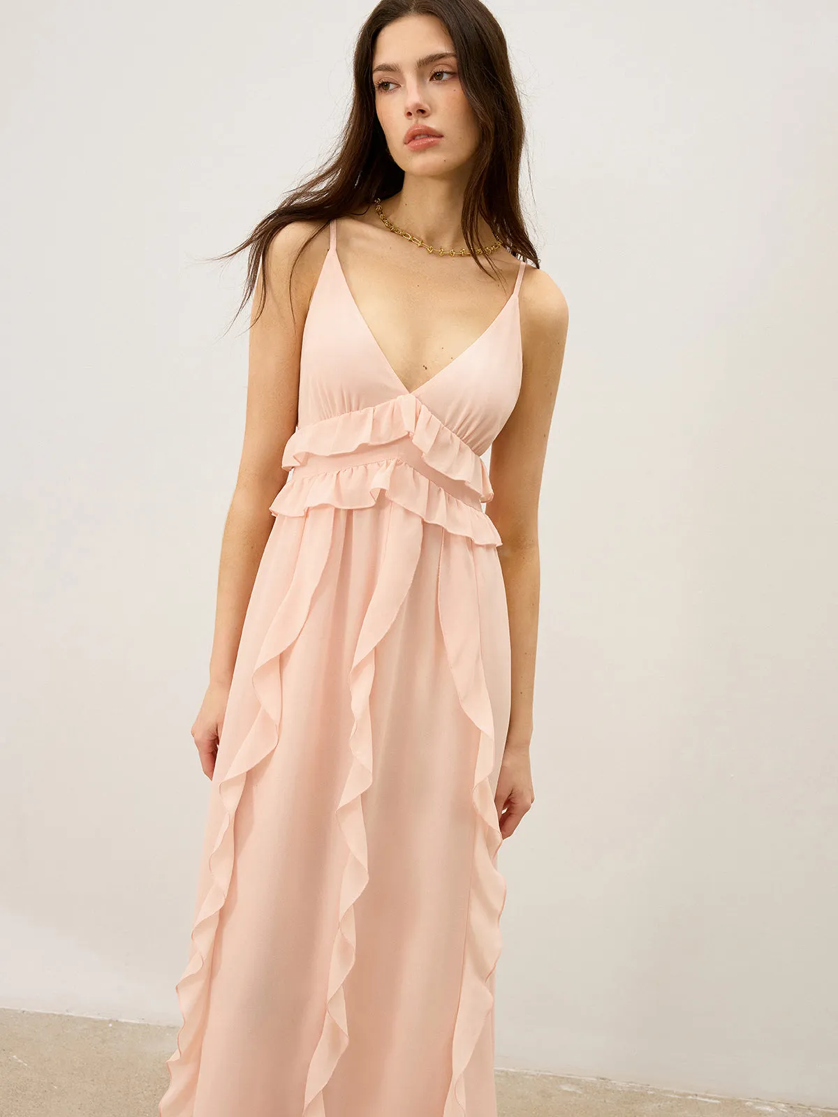 Semi-Sheer Chiffon Ruffle Trim Maxi Dress sold by COMMENSE product image thumbnail 3