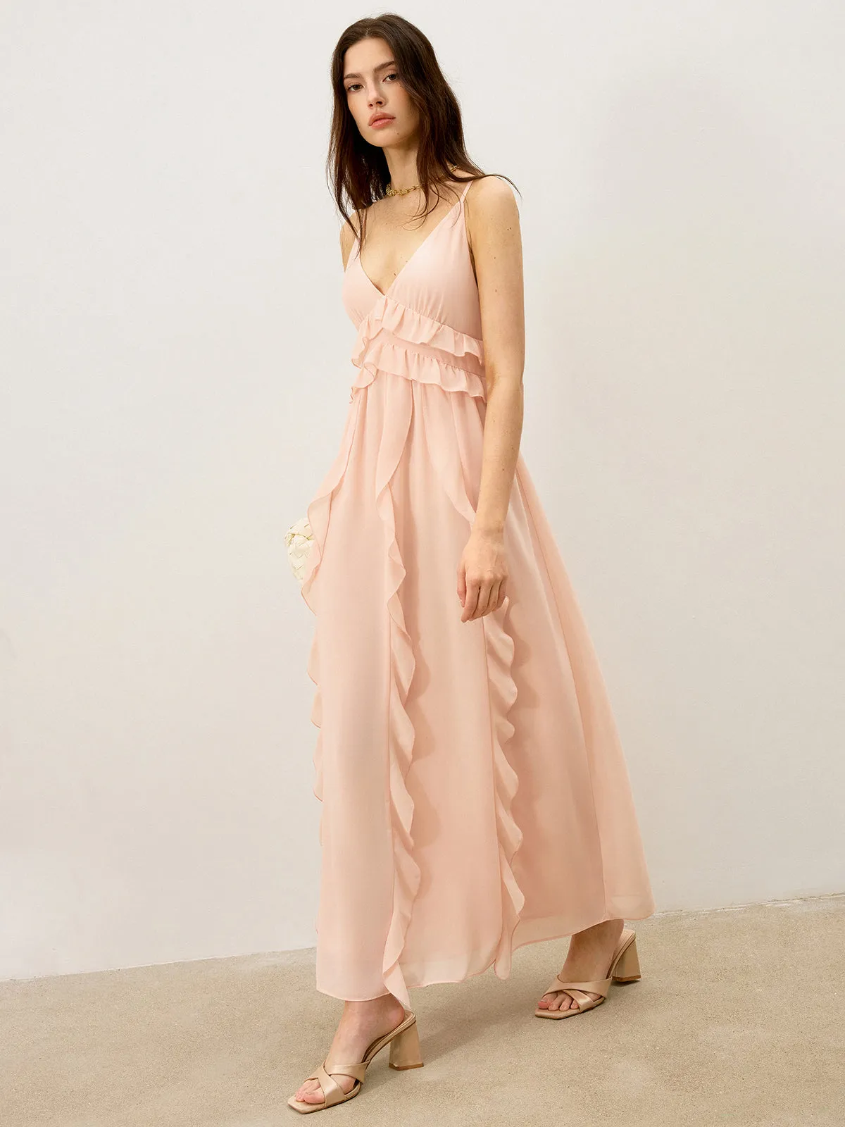 Semi-Sheer Chiffon Ruffle Trim Maxi Dress sold by COMMENSE product image thumbnail 4
