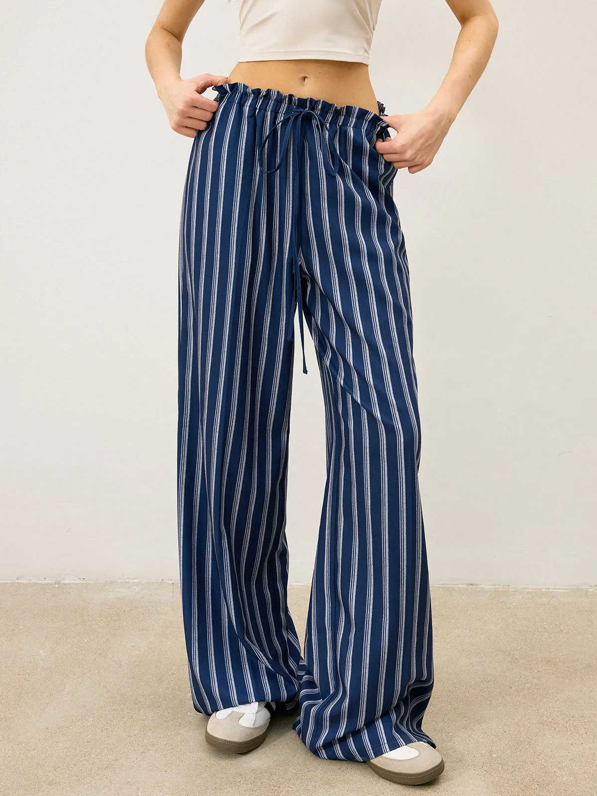 Striped Drawstring Wide-Leg Pants sold by COMMENSE