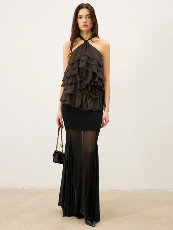 Tiered Ruffle Chiffon Halter Top with 3D Flower sold by COMMENSE