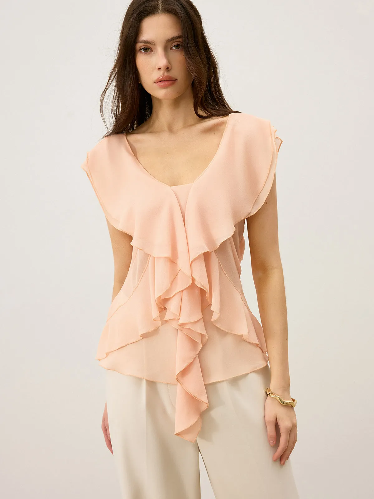 Semi-Sheer Ruffled Chiffon Blouse sold by COMMENSE