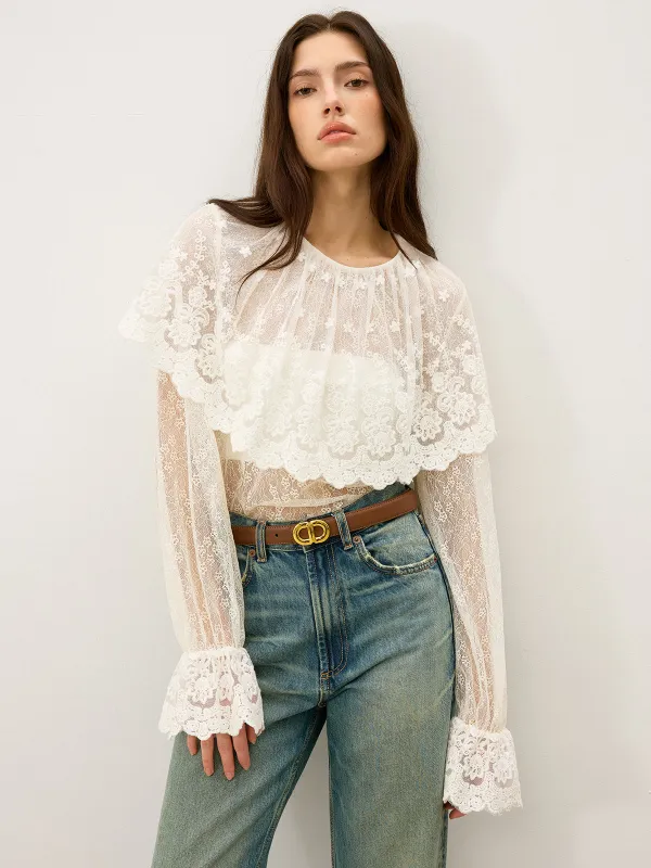 Semi-Sheer Ruffle-Trimmed Lace Flared-Sleeve Blouse sold by COMMENSE