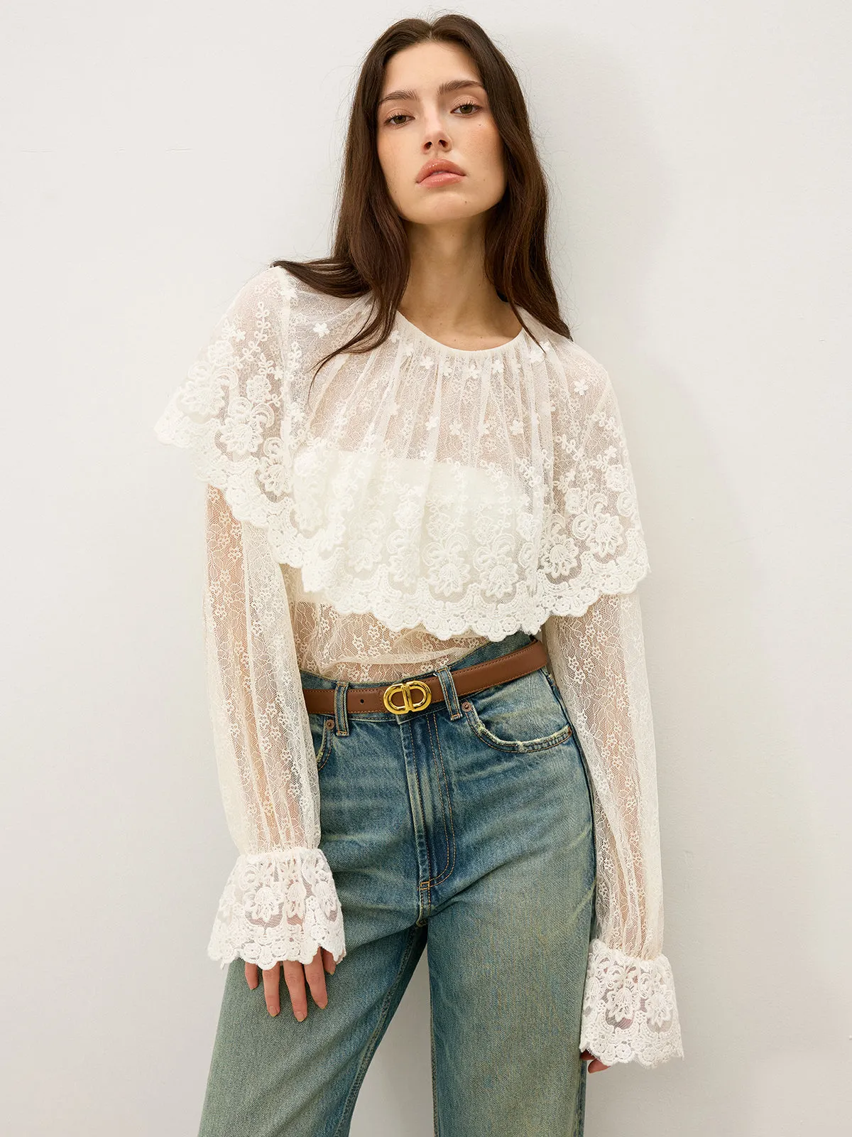 Semi-Sheer Ruffle-Trimmed Lace Flared-Sleeve Blouse sold by COMMENSE