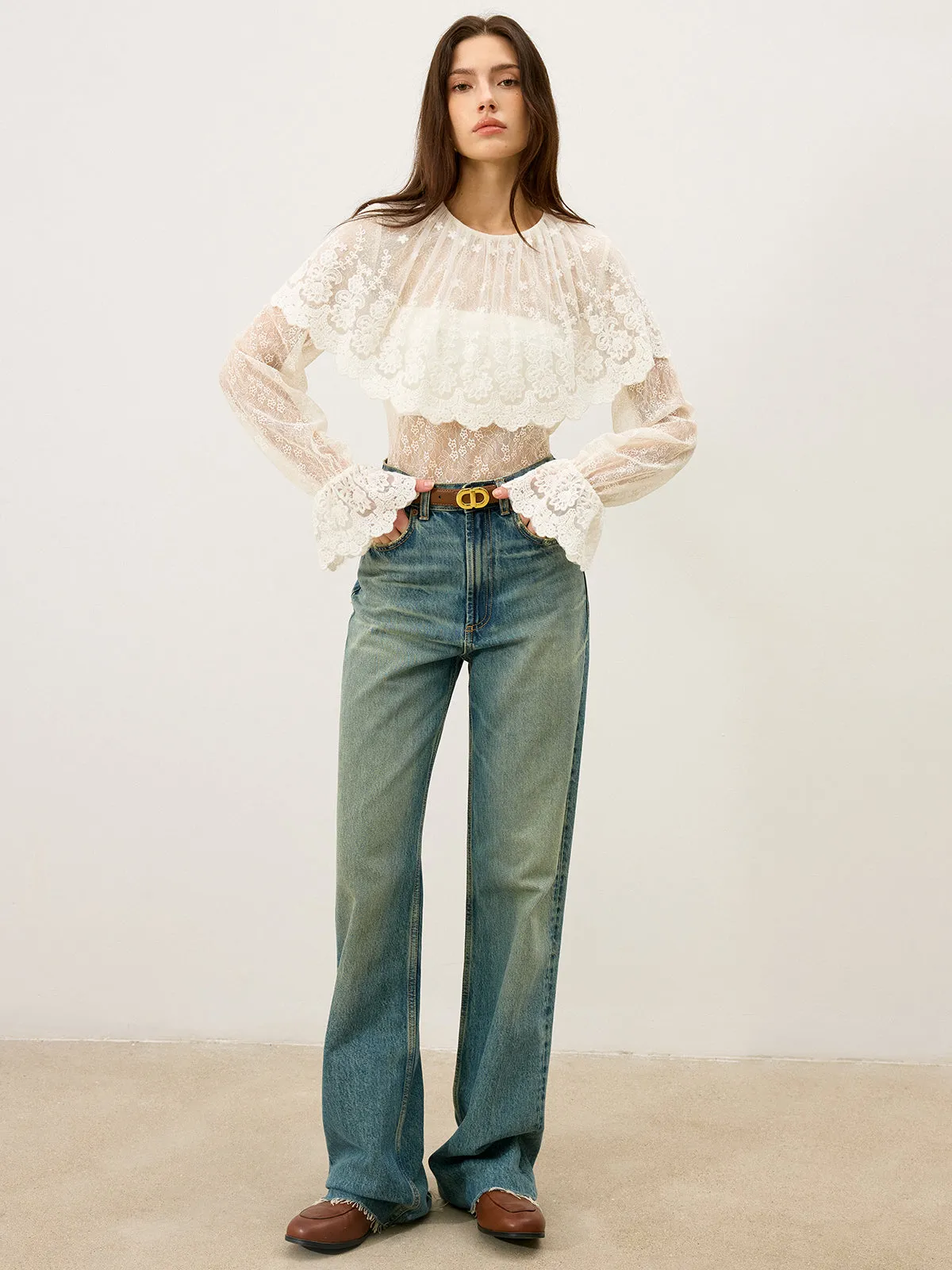 Semi-Sheer Ruffle-Trimmed Lace Flared-Sleeve Blouse sold by COMMENSE product image thumbnail 2