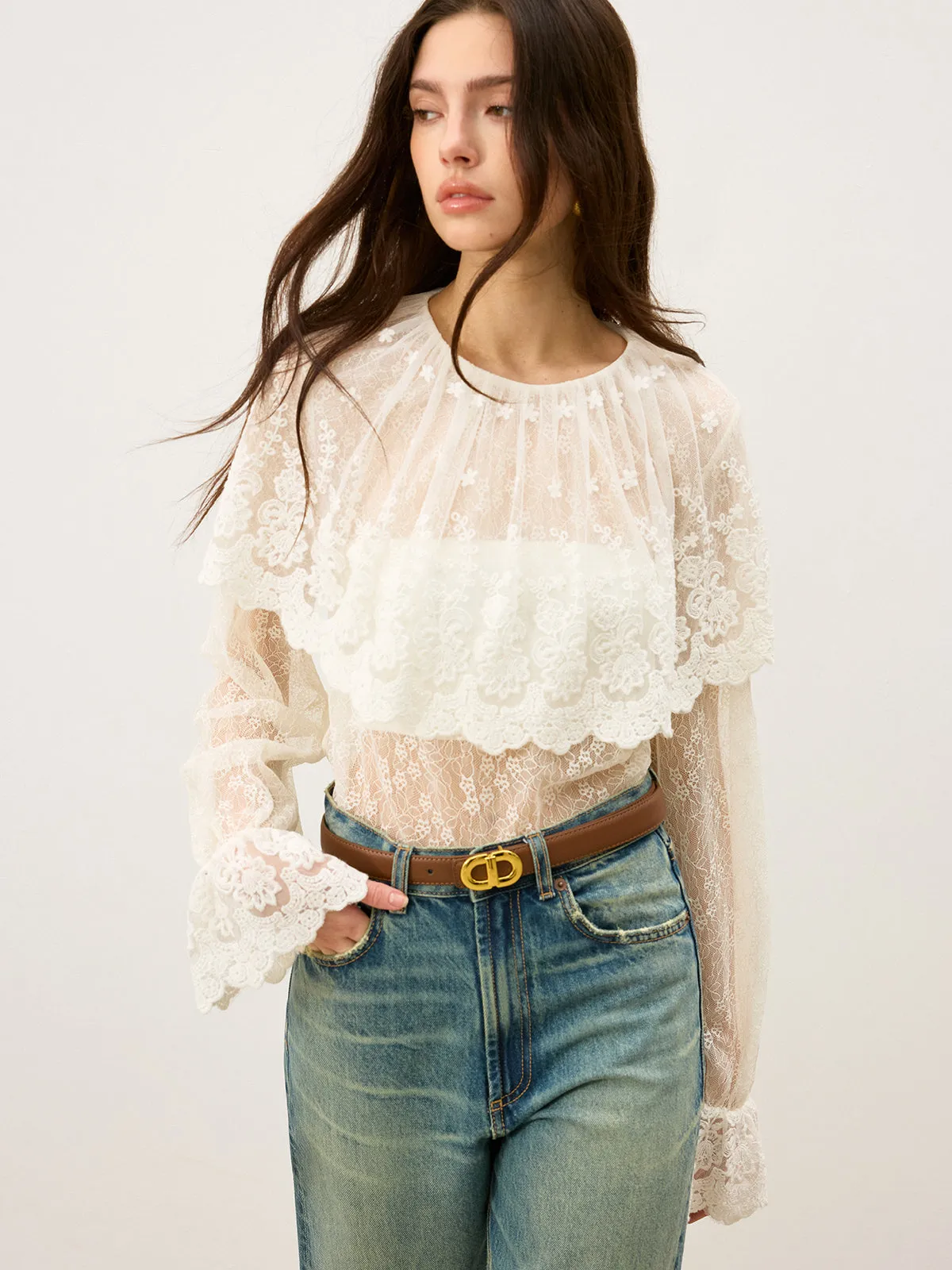 Semi-Sheer Ruffle-Trimmed Lace Flared-Sleeve Blouse sold by COMMENSE product image thumbnail 3