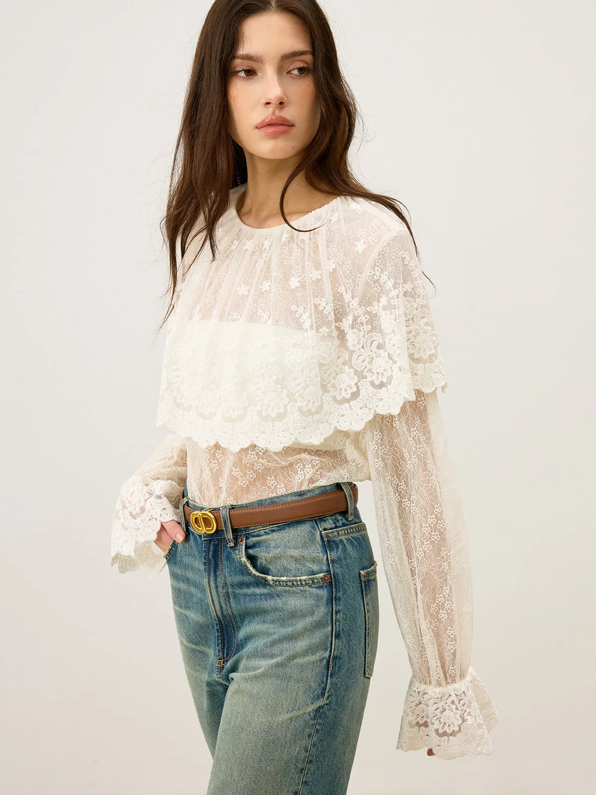 Semi-Sheer Ruffle-Trimmed Lace Flared-Sleeve Blouse sold by COMMENSE product image thumbnail 4