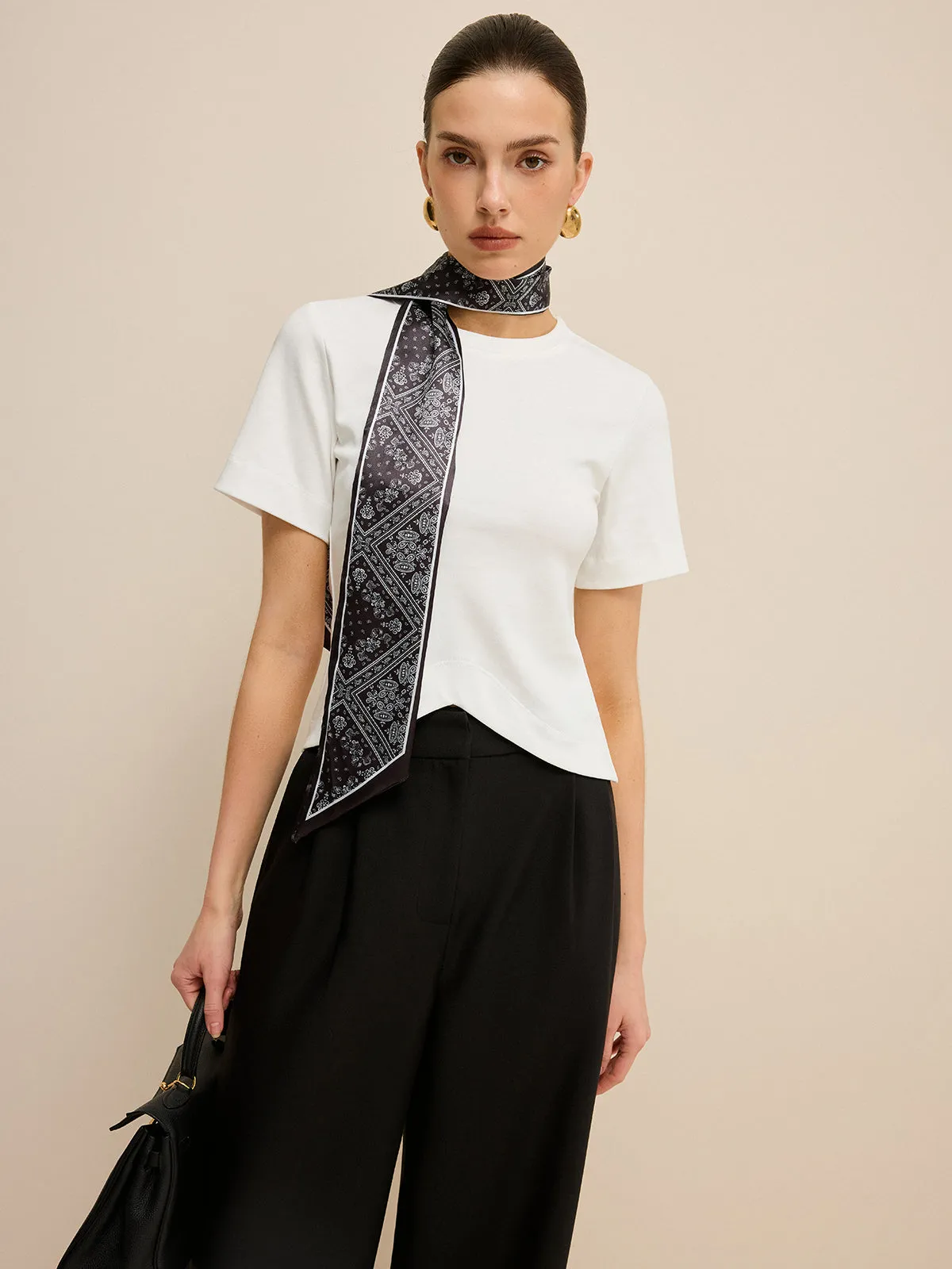 Irregular Hem T-Shirt with Silk Scarf sold by COMMENSE