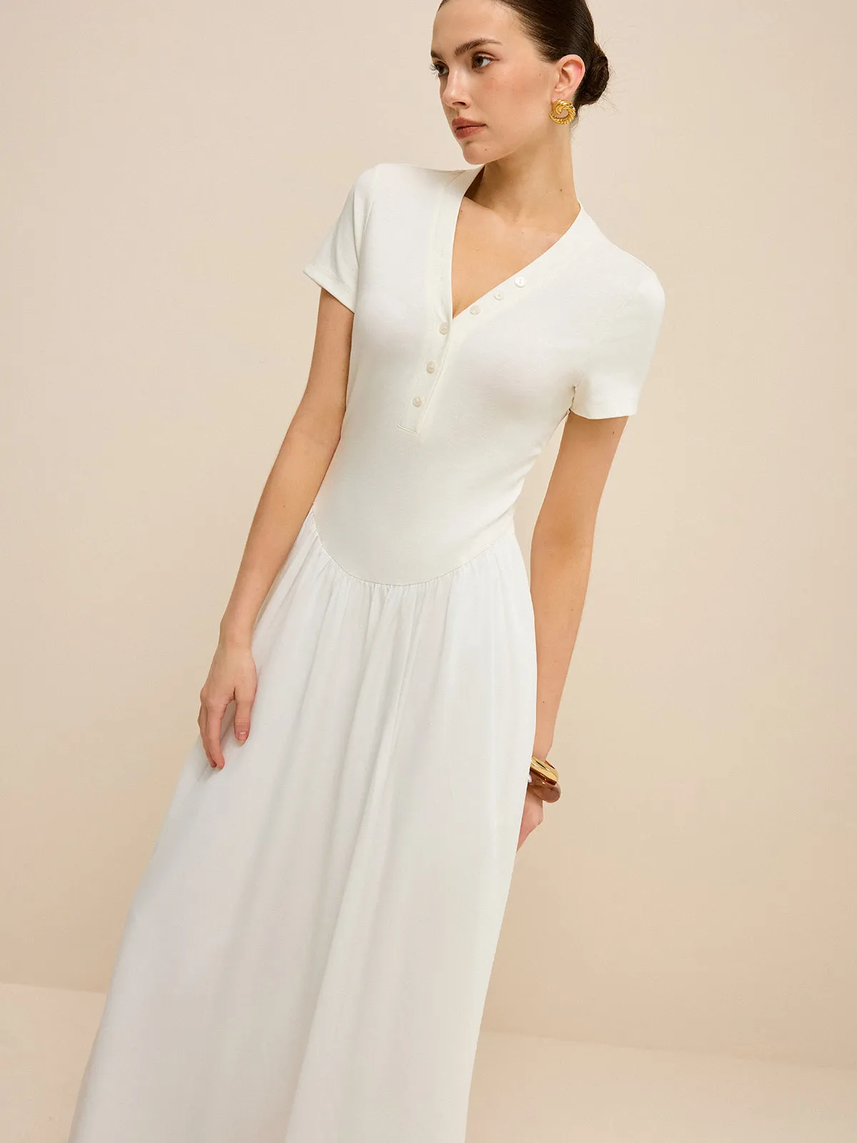 Button-Placket V-Neck Maxi Dress sold by COMMENSE product image thumbnail 4