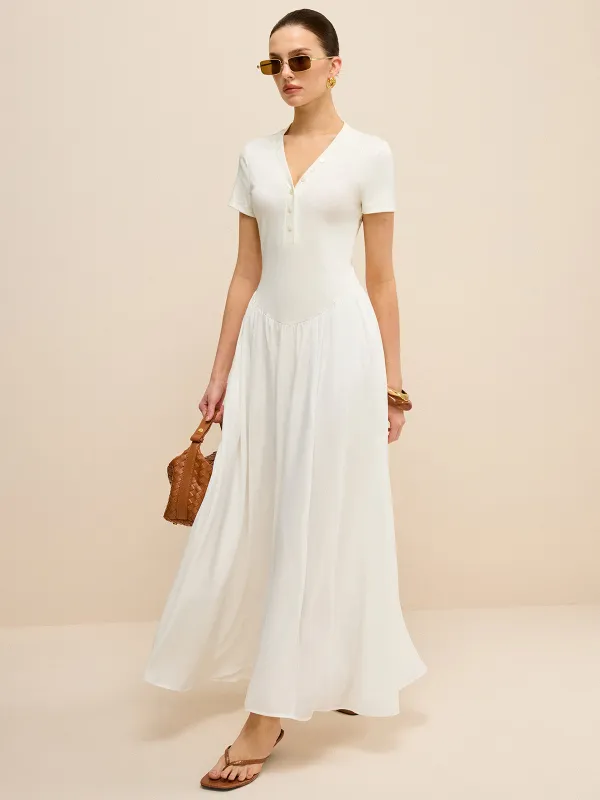 Button-Placket V-Neck Maxi Dress sold by COMMENSE