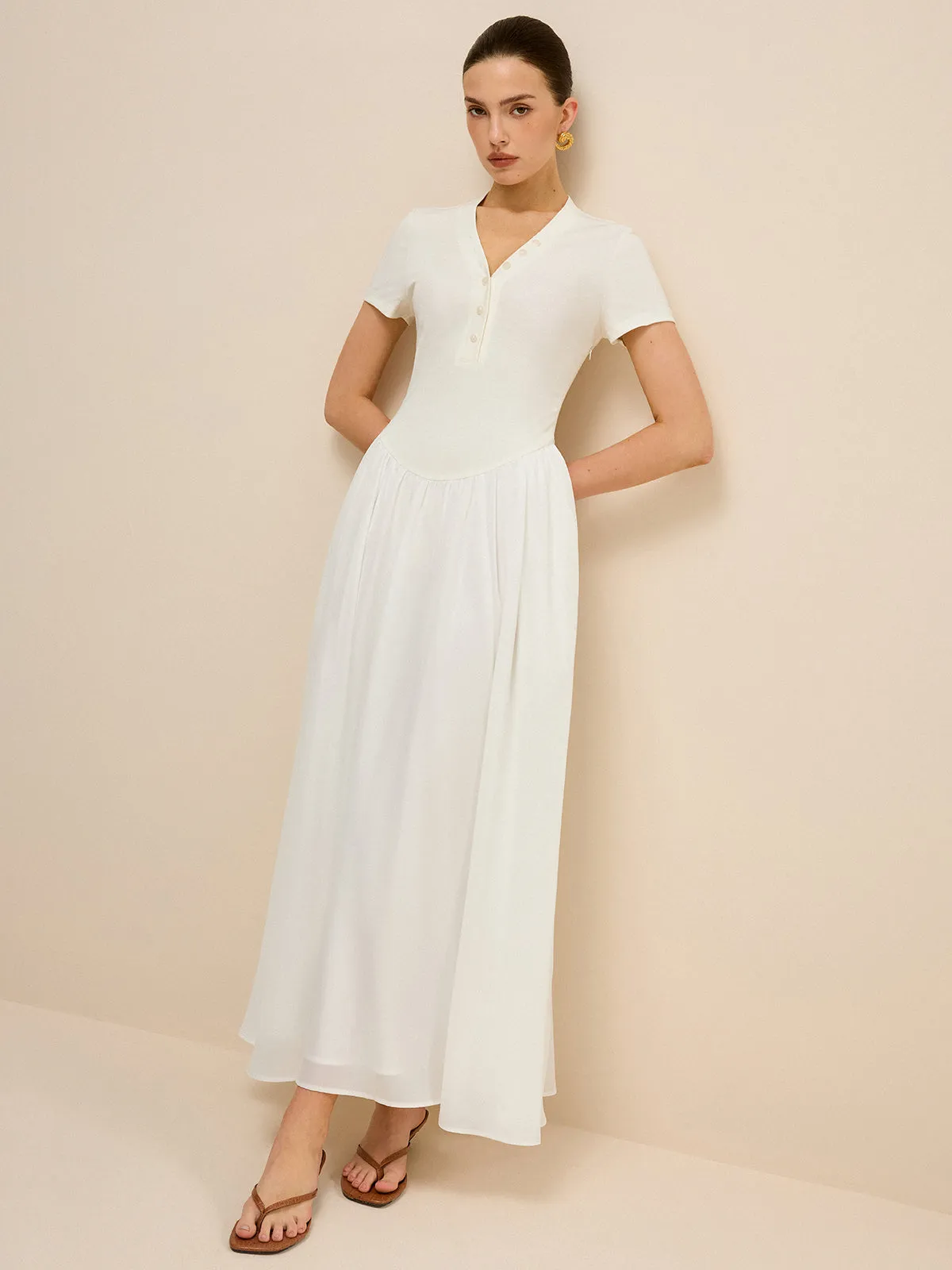 Button-Placket V-Neck Maxi Dress sold by COMMENSE product image thumbnail 5