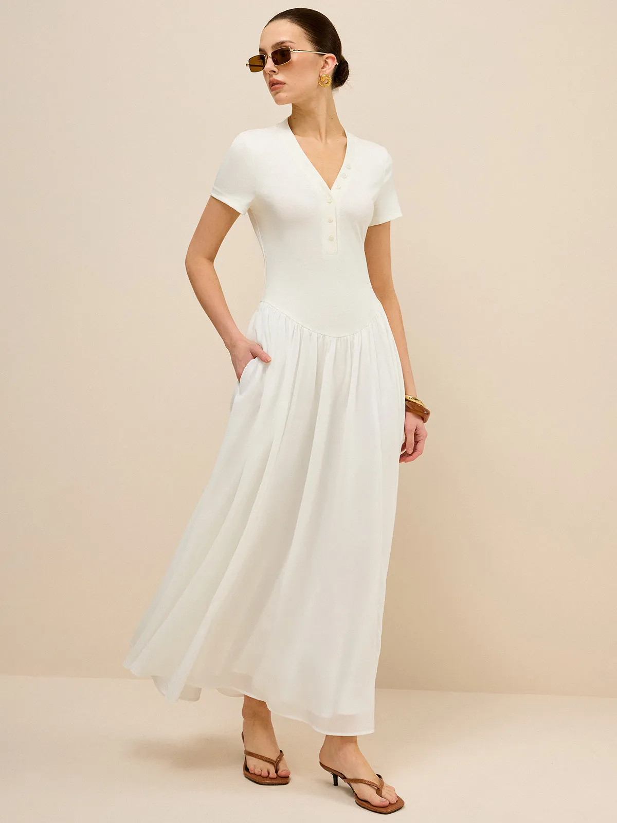 Button-Placket V-Neck Maxi Dress sold by COMMENSE product image thumbnail 3