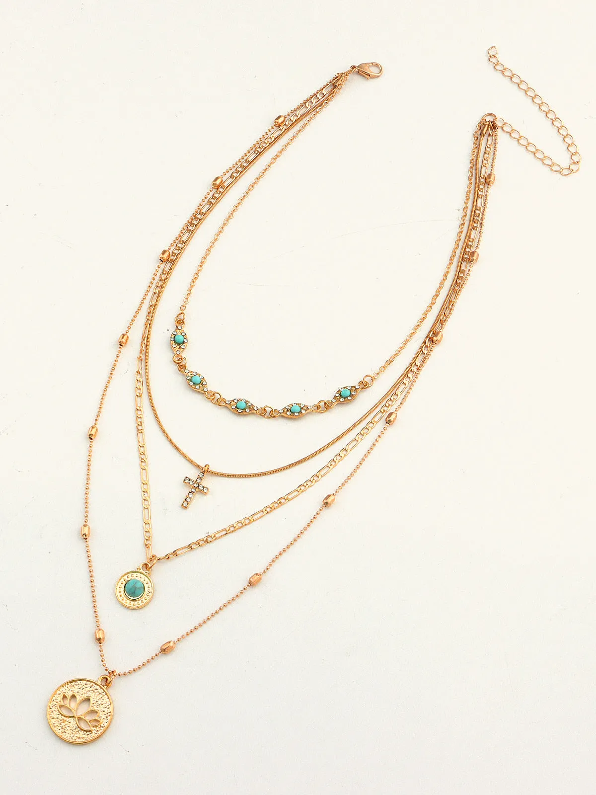 Layered Gold Tone Necklace with Turquoise and Charms sold by COMMENSE product image thumbnail 3