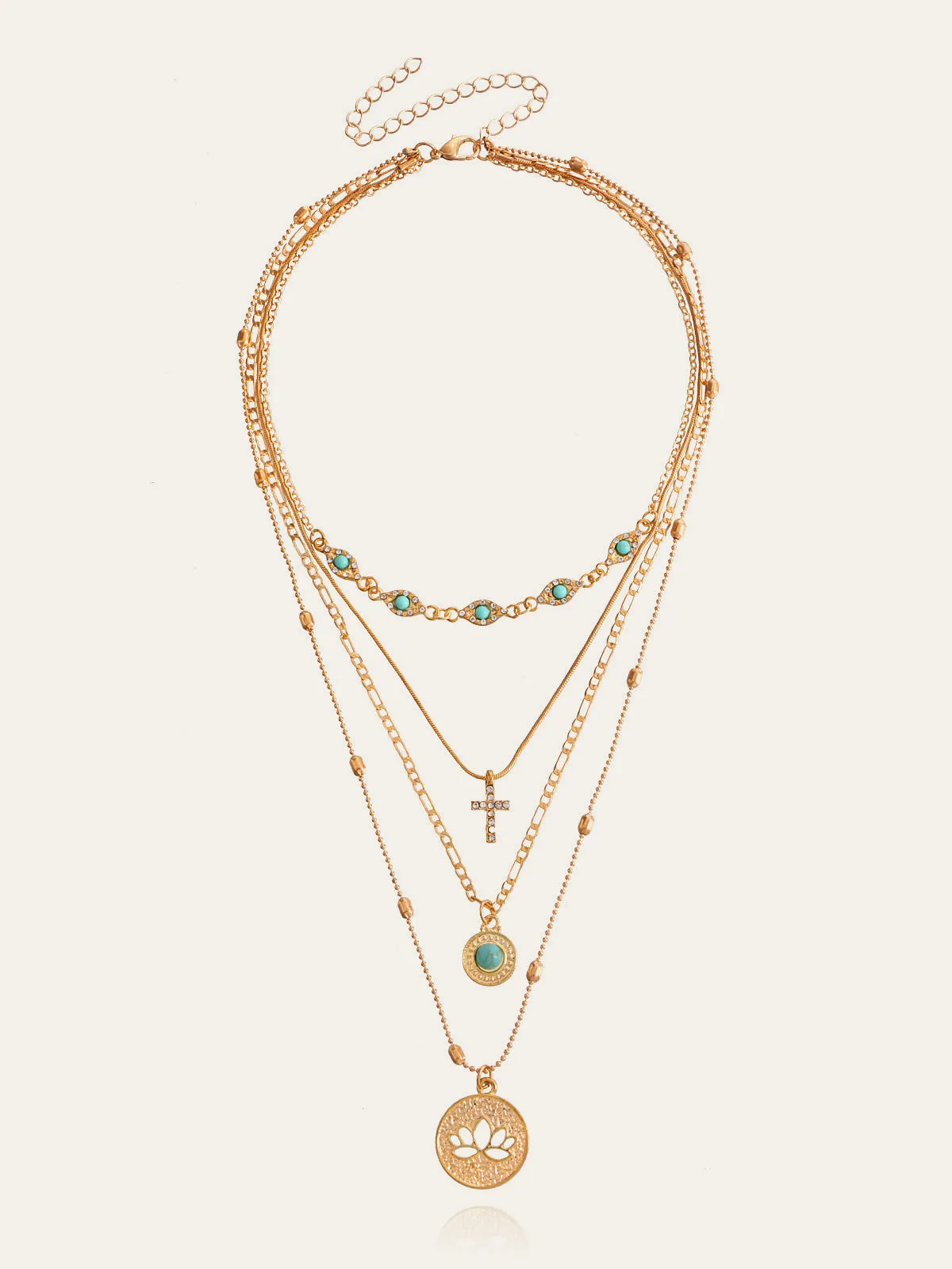 Layered Gold Tone Necklace with Turquoise and Charms sold by COMMENSE product image thumbnail 2