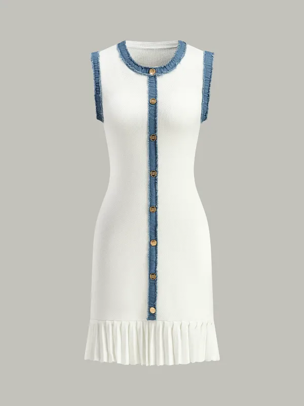 Denim Trim Button-Front Ruffle Hem Midi Dress sold by COMMENSE