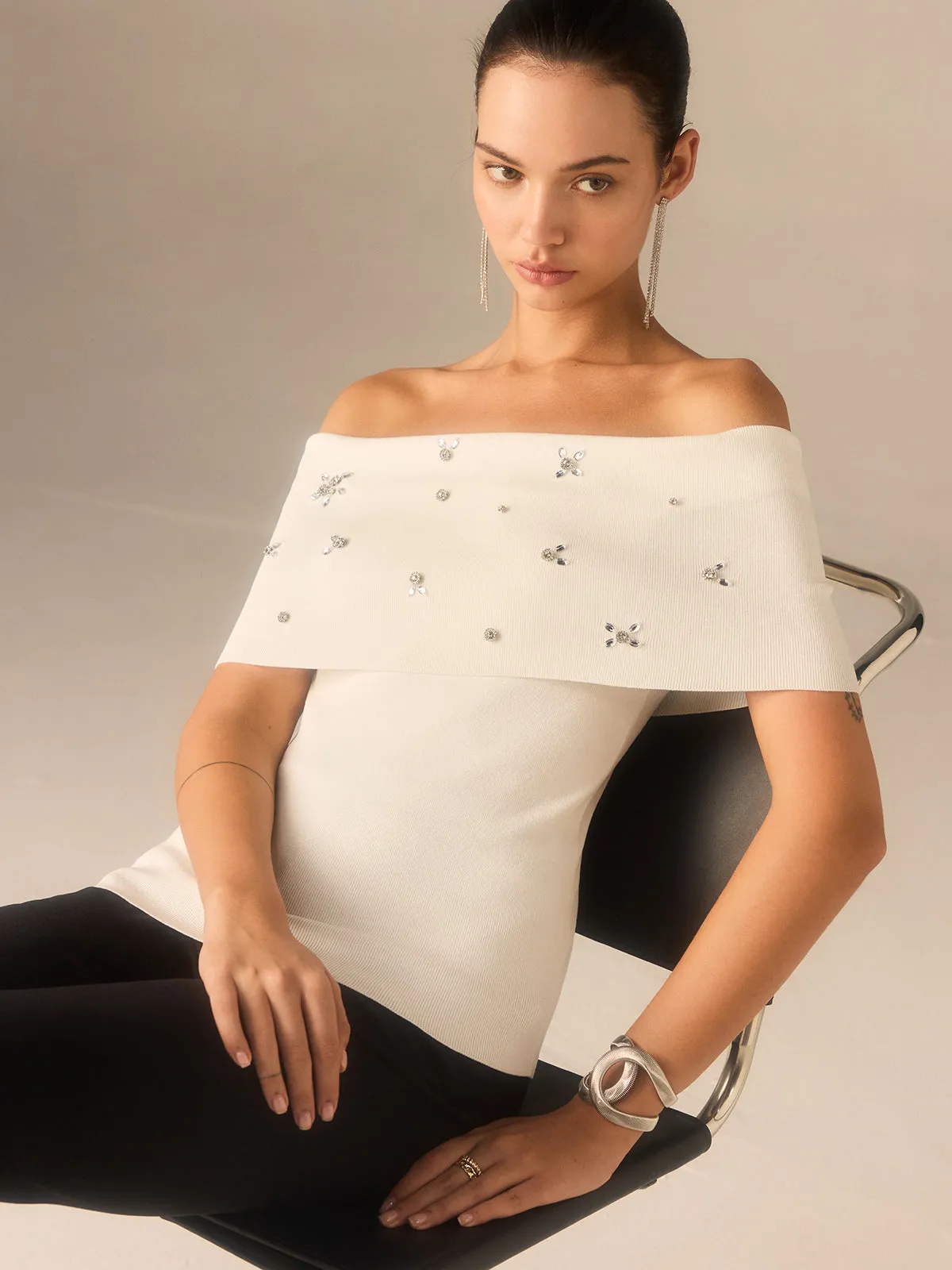 Off-Shoulder Knit Top with Crystal Embellishments sold by COMMENSE product image thumbnail 2