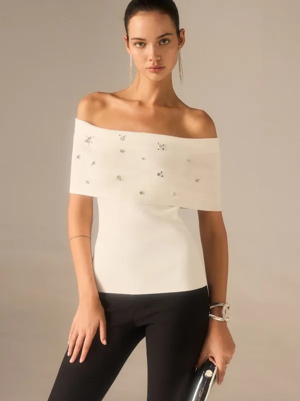 Off-Shoulder Knit Top with Crystal Embellishments sold by COMMENSE