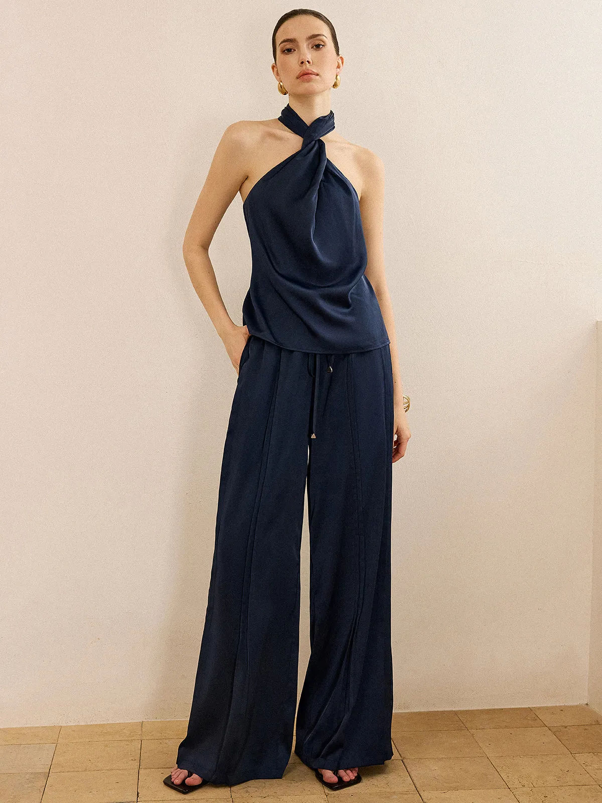Satin Halter Neck Top and Wide-Leg Pants Set sold by COMMENSE product image thumbnail 4