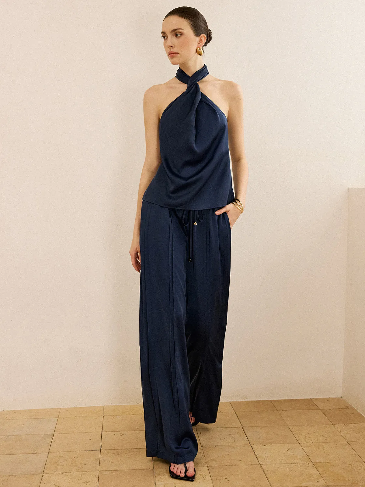 Satin Halter Neck Top and Wide-Leg Pants Set sold by COMMENSE product image thumbnail 2