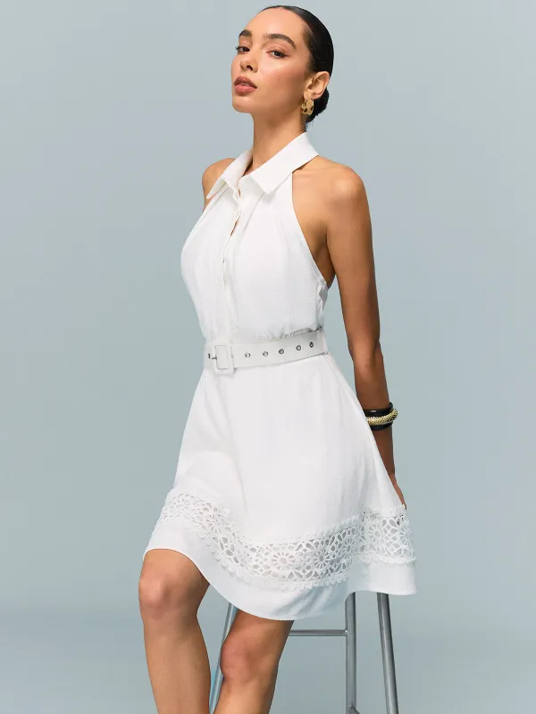 Linen Halter Belted Dress with Lace Hem sold by COMMENSE